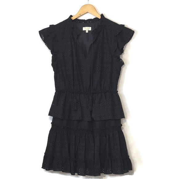 SHOL Los Angeles Eyelet Ruffle Dress Tiered Black Mini Dress Boho Party Size 14 - Picture 16 of 16